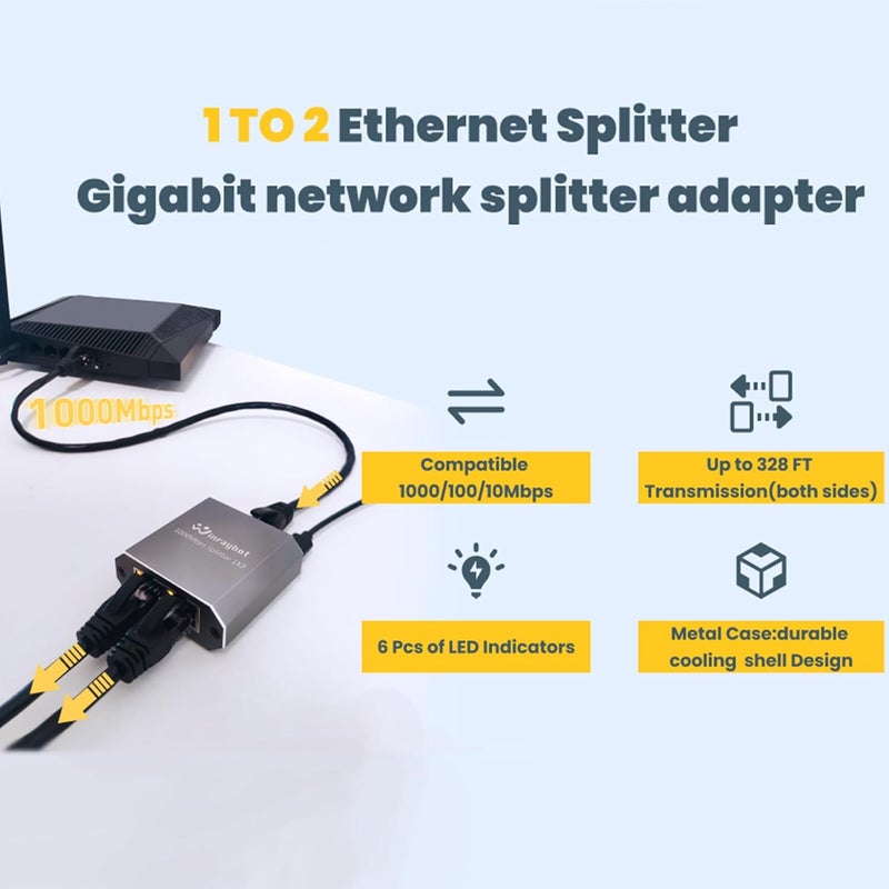WinRaybot Ethernet Splitter 1 to 2 RJ45 Gigabit Network Adapter Compatible with Cat 6/7/8 Cable for Router PC Laptop Printer Home Office Network - Image 2